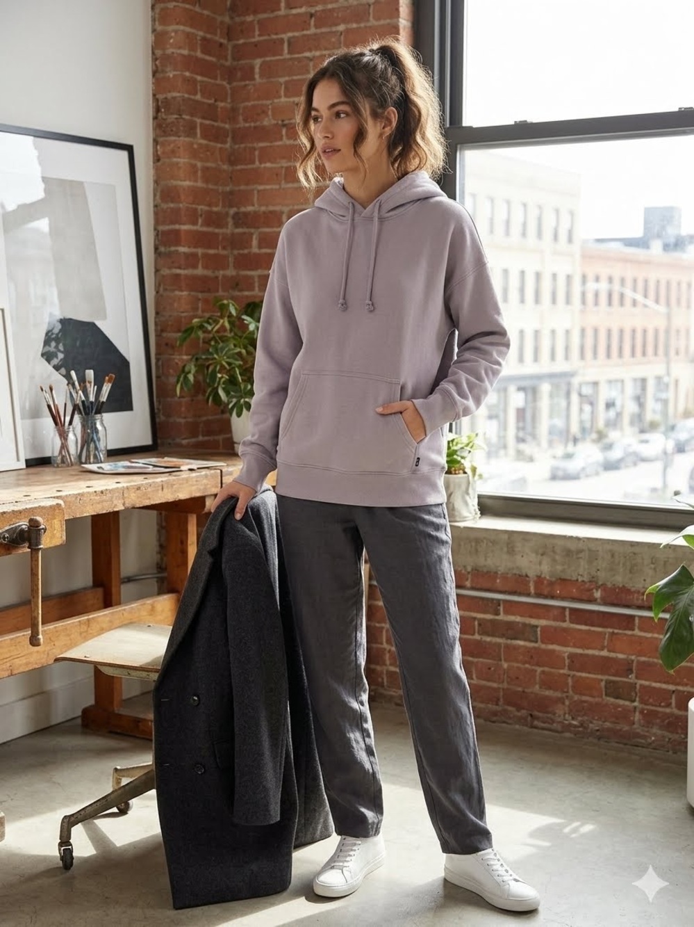 Aritzia TNA Cozy Fleece Perfect Hoodie Gray/Lavendar Sz2